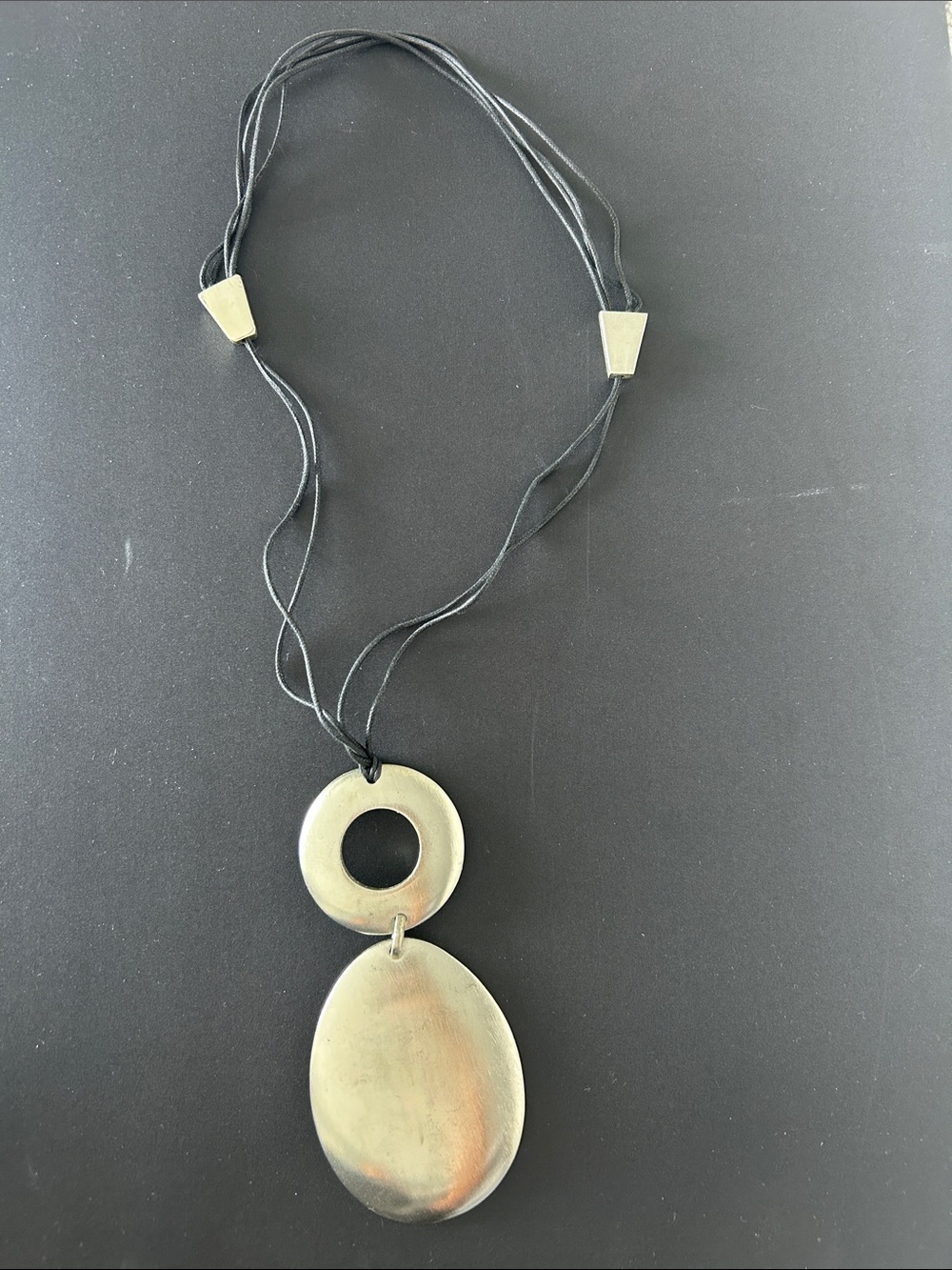 Long Black Cord Necklace with Silver Double Disc Pendant